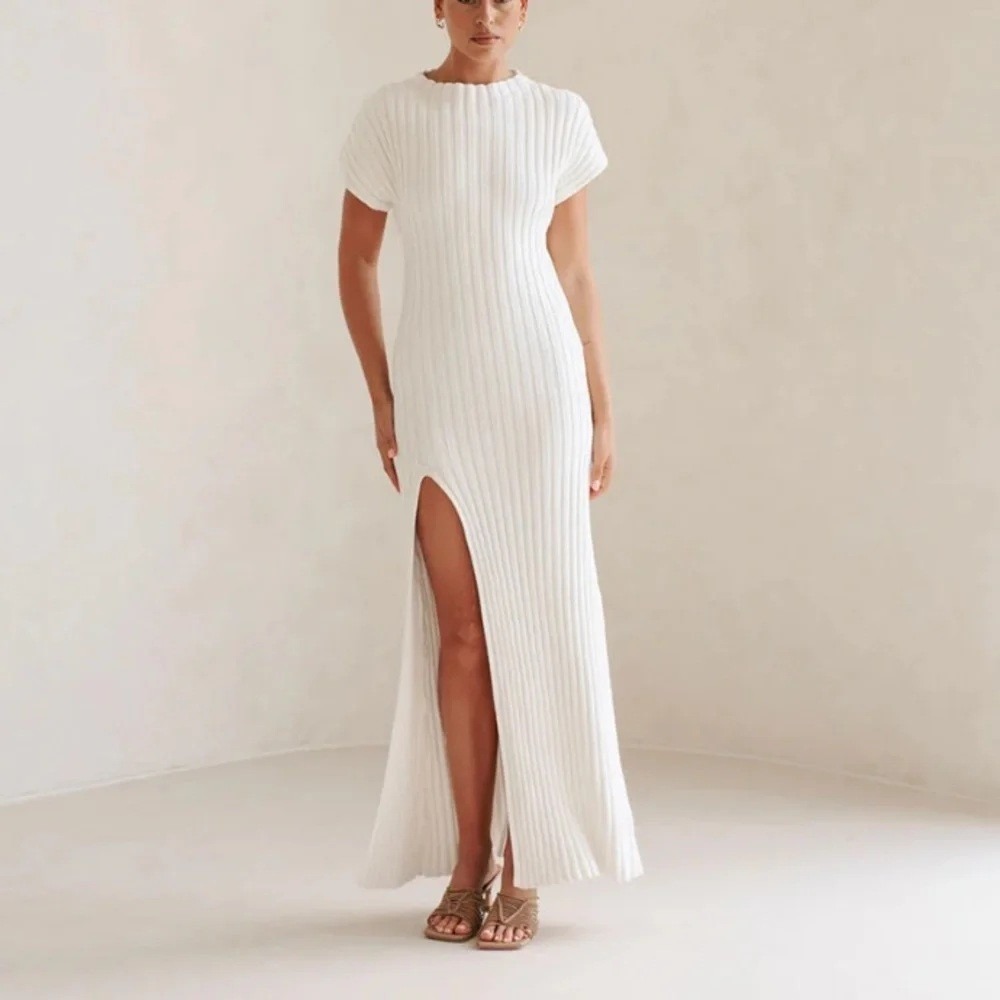 NWT Sabo Skirt Gemini Dress Size XXL US 12 Ribbed Maxi White Cotton Slit Neutral